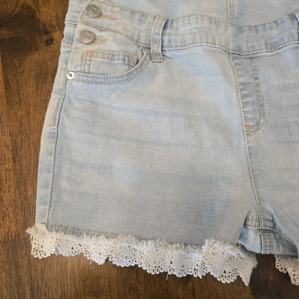 Justice Girls Y2K Denim Short Overalls Size 16 Crochet Ruffle Trim Light Wash